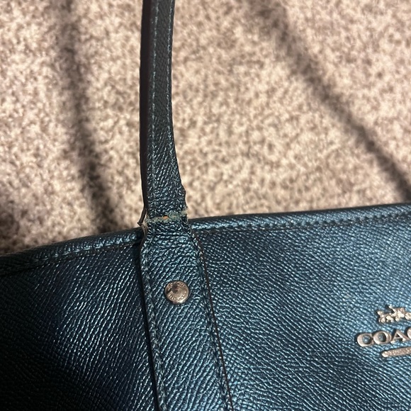 Coach Blue Pebbled Leather Tote Shoulder Bag Silver Logo Classic Everyday Purse - Picture 9 of 14